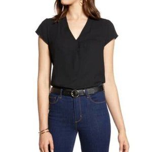 Halogen Blouse Black V-Neck Cap Sleeve Pleat Business Casual Neutral